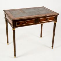 TWENTIETH CENTURY FRENCH MAHOGANY AND PARCEL GILT WRITING TABLE, the moulded oblong top with gilt