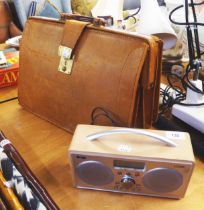 LOGIK DAB MAINS RADIO, IN BLOND WOOD CASE, A GENT'S UMBRELLA AND A LIGHT TAN LEATHER ATTACHE CASE