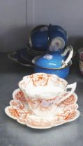 CRESCENT WARE MOTTLED BLUE TEA SET FOR FOUR PERSONS, VIZ 14 PIECES AND A FOLEY MOUSTACHE CUP AND
