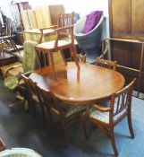 A REPRODUCTION DINING ROOM SUITE OF D-END TWIN PILLAR TABLE, SIX SINGLE CHAIRS (4 + 2), A SIDE