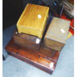 A 'TEACHERS WHISKEY' HINGED BOX, A MAHOGANY HINGED BOX WITH MOTHER O'PEARL INLAY, AND VARIOUS