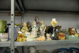 A LARGE SELECTION OF PORCELAIN FIGURES, MAN WITH DOG, LADY WITH DOB, COUNTRY FOLK FIGURES, COMPOSITE