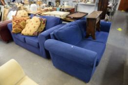 ROLL-ARM SOFA BED, IN BLUE FABRIC PLUS MATCHING TWO SEAT SOFA (2)