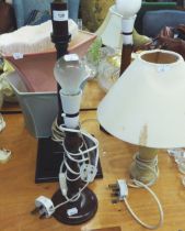 A MAHOGANY LARGE TABLE LAMP, ON SQUARE STEPPED BASE AND THE CREAM SILK 'ENDON' SHADE AND THREE OTHER