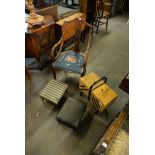 CANTILEVER SEWING BOX, SMALL VICTORIAN FOOTSTOOL, ANOTHER SMALLER FOOTSTOOL AND A MAHOGANY SINGLE