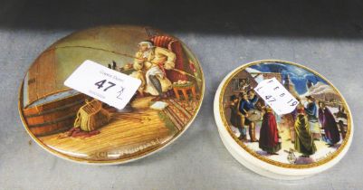 TWO PRATT TYPE POT LIDS, MAN FISHING FROM A BARREL AND A VICTORIAN PUB MUSIC SCENE (2)