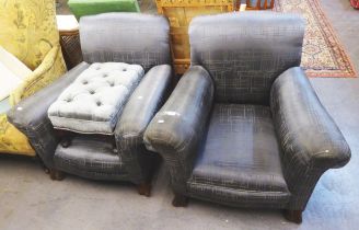 A PAIR OF EARLY TWENTIETH CENTURY LOUNGE CHAIRS, COVERED IN BACK GREY FABRIC, ON SCROLL FEET,