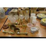 A SELECTION OF OIL LAMP SHADES AND SIX BRASS SCONCES