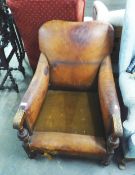 1930's JACOBETHAN STYLE BROWN LEATHER ARMCHAIR, WITH OAK SHOW-WOOD AND METAL STUDS