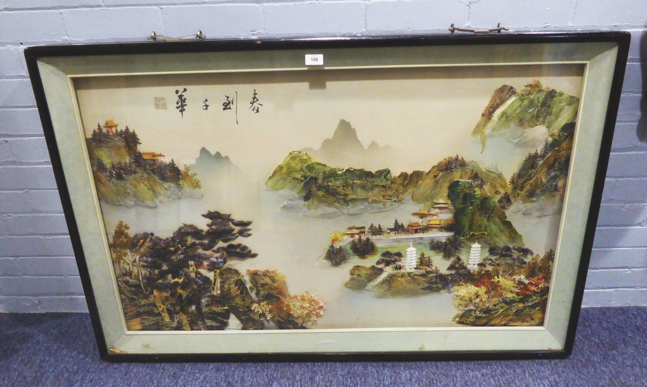 LARGE SAMPLESTONE AND MOTHER O'PEARL CHINESE RELIEF PICTURE DEPICTING MOUNTAINS