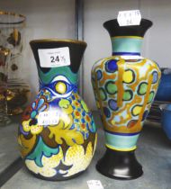 TWO GOUDA STYLE VASES, MULTI-COLOURED DESIGN (ONE A.F.)