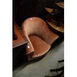 PRE-WAR RE-UPHOLSTERED AND PINK VELVET COVERED TUB CHAIR, on oak bun feet originally with castors