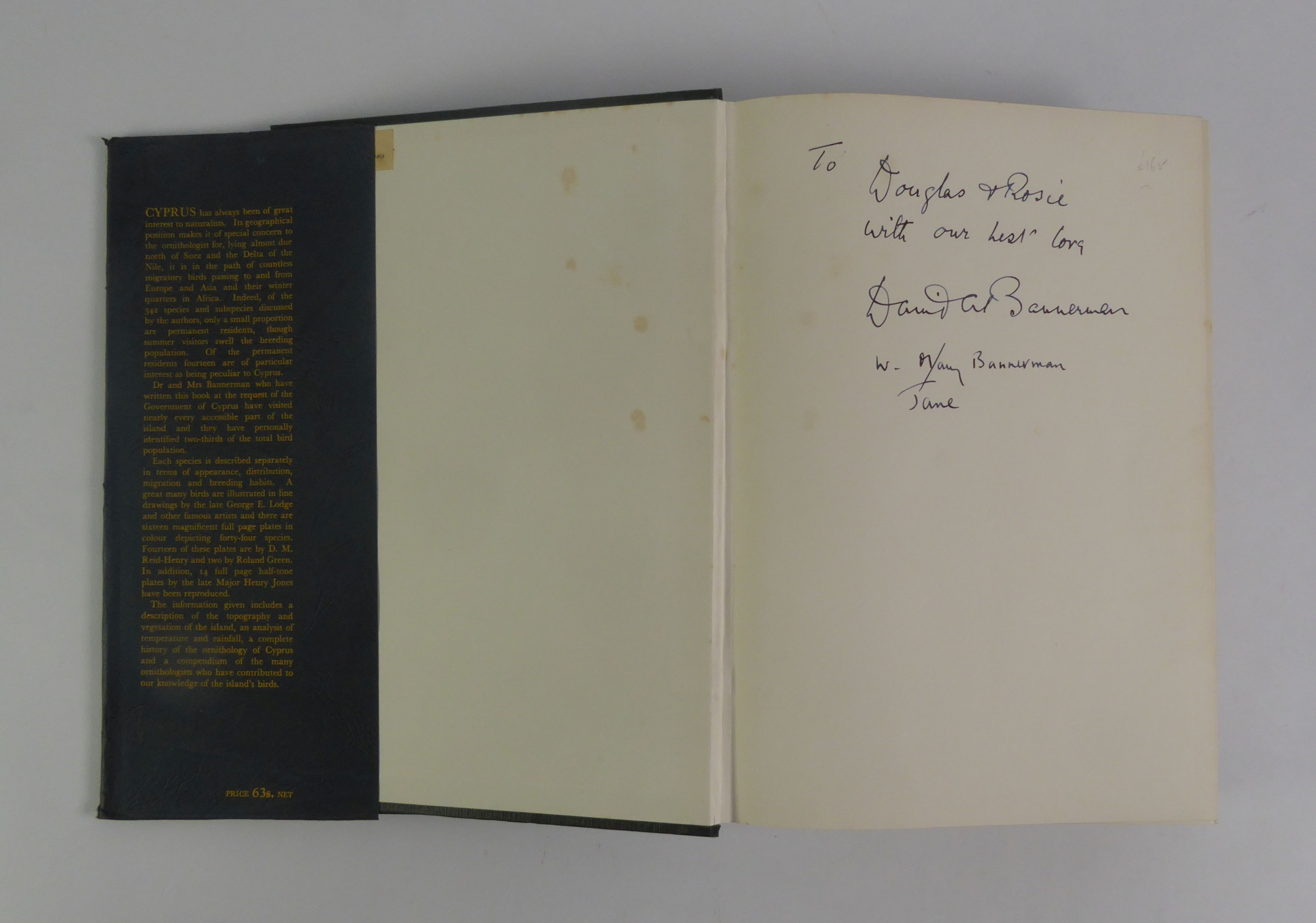 Bannerman - Birds of Cyprus, pub Oliver & Boyd, first ed 1958, with dj, priced 63s net. This copy - Image 2 of 2