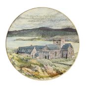 JAN FISHER (1938) WATERCOLOUR, CIRCULAR ‘Iona Abbey’ Signed and titled 8 ¼” (21cm) diameter TONY