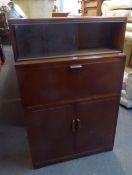 MINTY MAHOGANY BOOKCASE, HAVING GLASS SLIDING DOORS, BUREAU SECTION AND CUPBOARD DOORS BELOW