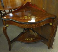 AN EDWARD VII ROSEWOOD AND MARQUETRY CORNER TABLE