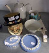 A ROYAL DOULTON BEEF-EATER CHARACTER JUG, TWO ITEMS OF WEDGWOOD JASPERWARE ETC....