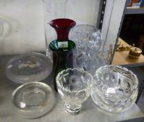 GRADUATED PAIR OF SCANDINAVIAN CLEAR GLASS ASHTRAYS, CUT GLASS WATER JUG, TWO CUT GLASS BOWLS,