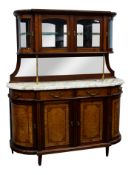 EARLY TWENTIETH CENTURY FRENCH LINE INLAID  AND WHITE VEINED MARBLE SIDE CABINET, of breakfront form