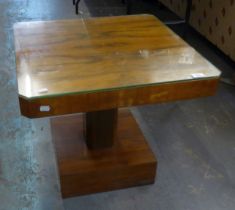 AN ART DECO WALNUT SQUARE TOPPED OCCASIONAL TABLE ON SQUARE PLATFORM BASE