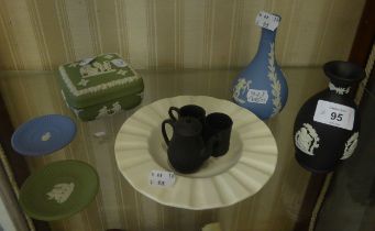 WEDGWOOD JSPERWARE- SAGE GREEN SQUARE BOX AND COVER AND SMALL DISH, BLACK BASALT MINIATURE COFFEE