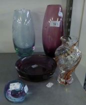 THREE CAITHNESS FLOWER VASES, CAITHNESS PAPERWEIGHT AND A GLASS BOWL (5)