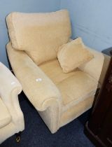 LAURA ASHLEY EASY ARMCHAIR, ALL-UPHOLSTERED AND COVERED IN OFF-WHITE WEAVE, ON SHORT TURNED AND