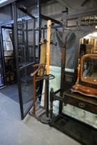 A HAT, COAT AND UMBRELLA STAND ON METAL BASE (A.F.), A VALET STAND AND A VICTORIAN TOILET MIRROR (