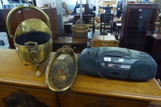SONY LARGE PORTABLE RADIO/CD PLAYER AND CASSETTE TAPE PLAYER AND A HELMET SHAPED BRASS COAL BUCKET