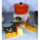 LE-CREUSET CASSEROLE PAN WITH LID, A PAIR OF WOODEN ANIMAL BOOKENDS AND A BENCH PENCIL SHARPENER (4)