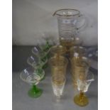 FIVE GREEN STEM MARTINI GLASSES, TWO SHERRY GLASSES AND A GILT DECORATED LEMONADE SET