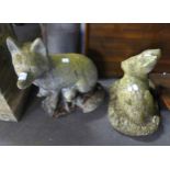 TWO GARDEN CONCRETE ANIMALS, VIZ A RABBIT AND A FOX 14" HIGH (FOX)