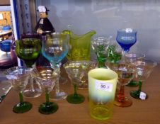 RADON GLASS JUG AND VASELINE GLASS BASKET, PLUS HOCK GLASSES AND OTHER COLOURED GLASS AND A DECANTER
