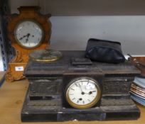 EARLY TWENTIETH CENTURY BURRR-WOOD MANTEL CLOCK, WITH LATER QUARTZ MOVEMENT (A.F.), TOGETHER WITH