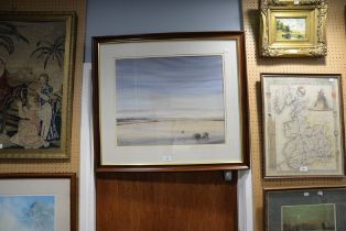 CROSSLEY WATERCOLOUR DRAWING 'AT CARTMELL' BEACH SCENE SIGNED AND TITLED LOWER LEFT 17 1/2" X 21 1/