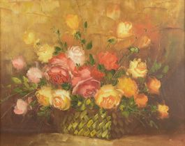 UNATTRIBUTED (TWENTIETH CENTURY) OIL ON CANVAS Basket of red and cream roses Unsigned 16” x 20” (