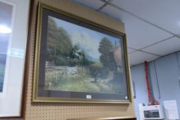 MANNER OF TERENCE CUNEO 'SOUTHWEST LOCO MORNING RUN' OF COUNTRY LOCOMOTIVE AND FIGURES FRAMED AND