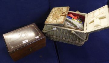 A MODERN HARDWOOD FITTED SEWING BOX, WITH LIFT-OUT COMPARTMENTALIZED TRAY, 11 1/2" WIDE AND A WICKER