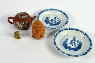 Yixing style tea pot, jadeite monkey, plates and Genesha [5]