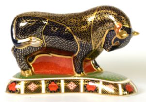 BOXED, MODERN ROYAL CROWN DERBY IMARI CHINA PAPERWEIGHT, ‘BULL’, gilt stopper, printed mark, 5” (