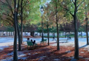 CHARLES ROWBOTHAM (MODERN) OIL ON BOARD ‘Le Jardin du Tuileries’ Signed, titled verso 11” x 17” (