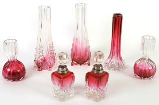 PAIR OF FADING CRANBERRY GLASS SQUARE SCENT BOTTLES AND STOPPERS WITH HALLMARKED SILVER COLLARS,