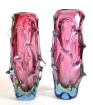 PAIR OF CZECH VASES, from Jan Beranek, in pale blue with pink flash, with later hand-scribed fake