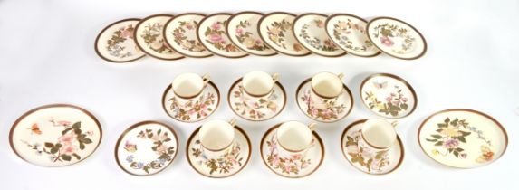 ROYAL WORCESTER: Late Victorian part coffee set, with butterfly & wildflower decoration picked out