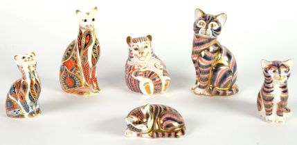 SIX ROYAL CROWN DERBY IMARI CHINA DOMESTIC CAT AND KITTEN PATTERN PAPERWEIGHTS, including, MARMALADE