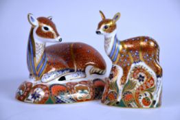 ROYAL CROWN DERBY TWO PAPERWEIGHTS modelled as Collector's Guild doe and fawn (2)
