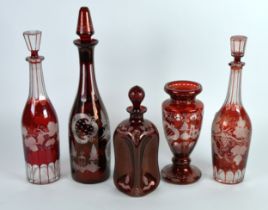 RUBY GLASS, a collection of 19th century ruby flash glass with etched grape and vine decoration