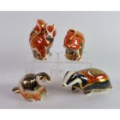 FOUR BOXED, ROYAL CROWN DERBY IMARI CHINA ANIMAL PATTERN PAPERWEIGHTS WITH GILT STOPPERS,