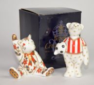 ROYAL CROWN DERBY TWO PAPERWEIGHTS modelled as a football teddy and a seated teddy bear (2)