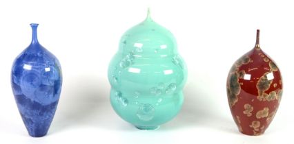 PETER ISLEY BLUE CRYSTALINE GLAZED PORCELAIN VASE, of slender ovoid form with short waisted neck,